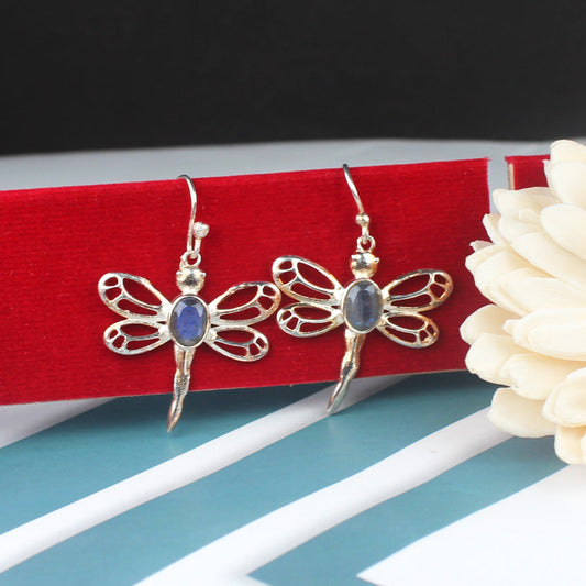 Modern Blue Labradorite Earrings Made of Brass Silver Polished Danglers