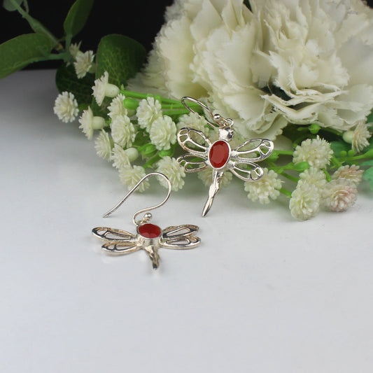 Wonderful Red Carnelian Earrings Made of Brass Silver Polished Danglers