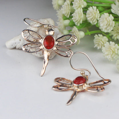 Modern Red Carnelian Earrings Made of Brass Silver Polished Danglers