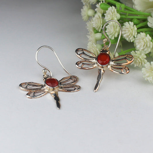 Modern Red Carnelian Earrings Made of Brass Silver Polished Danglers