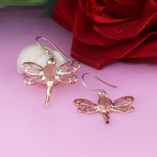 One of a kind Pink Chalcedony Earrings Made of Brass Silver Polished Danglers