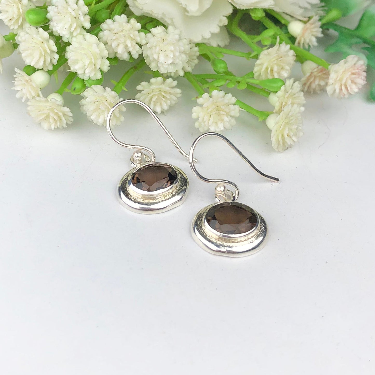 Fashionable Brown Smoky Quartz Earrings Made of Brass Silver Polished Danglers