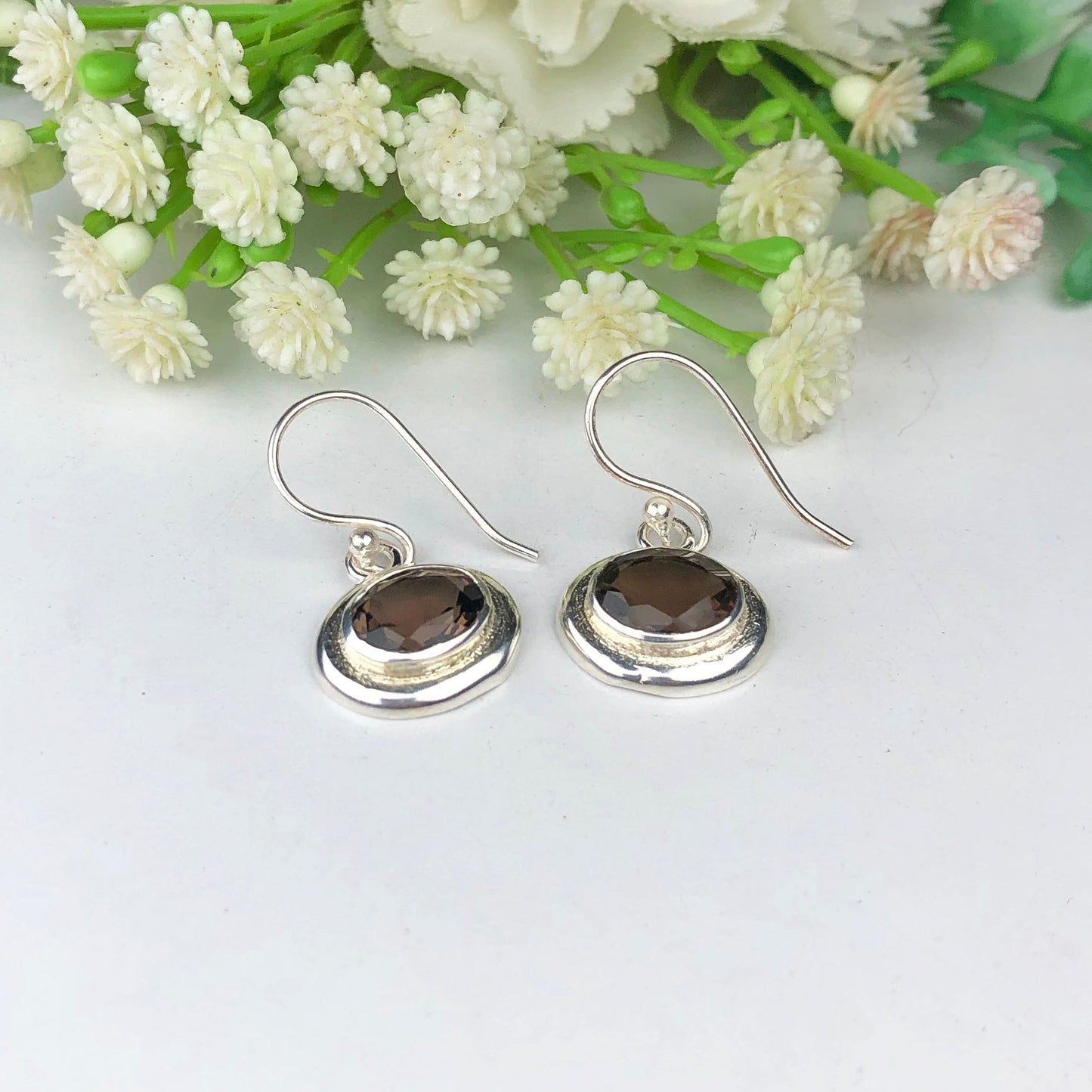 Fashionable Brown Smoky Quartz Earrings Made of Brass Silver Polished Danglers