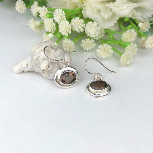 Fashionable Brown Smoky Quartz Earrings Made of Brass Silver Polished Danglers