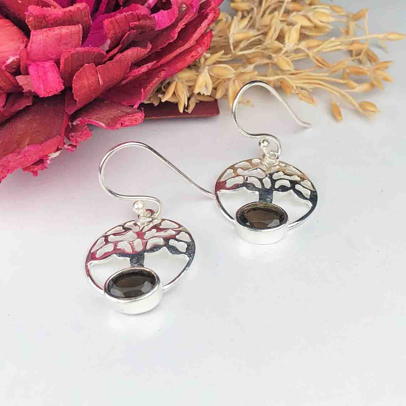 Elegant Brown Smoky Quartz Earrings Made of Brass Silver Polished Danglers