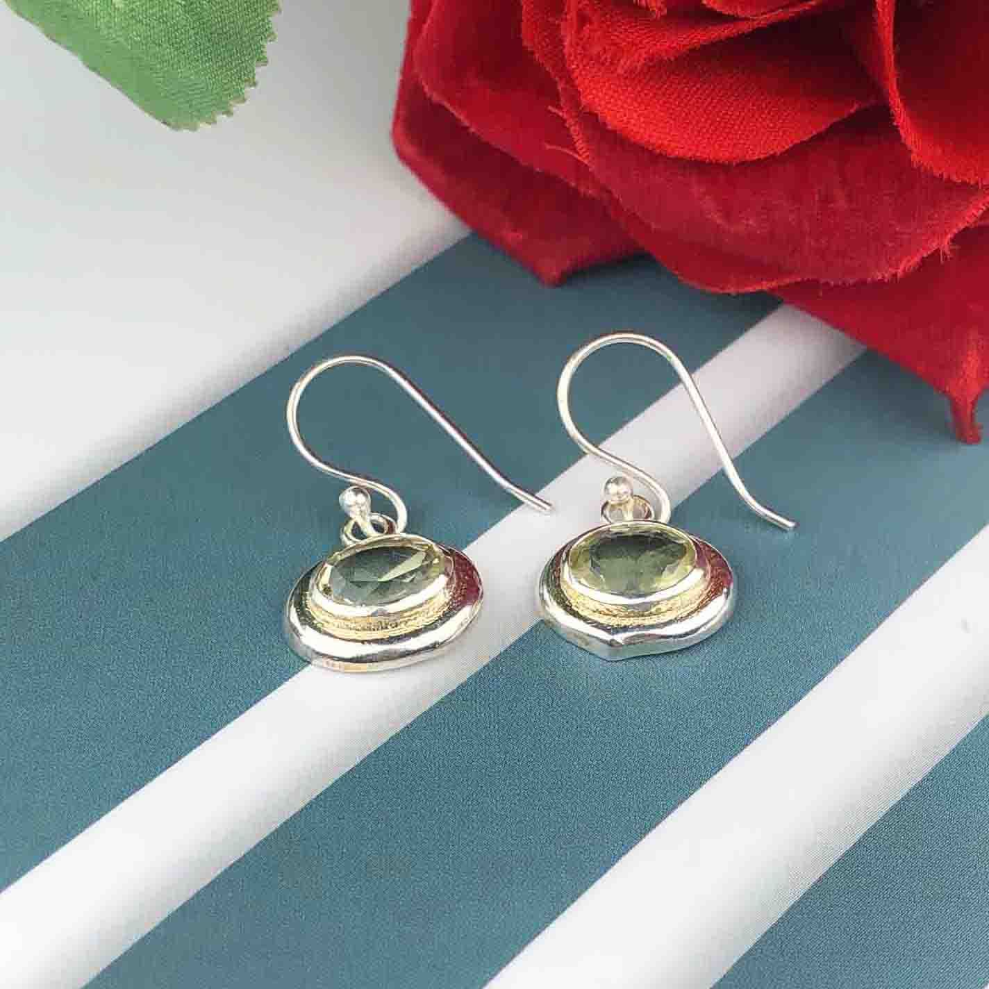 Modern Green Amethyst Earrings Made of Brass Silver Polished Danglers
