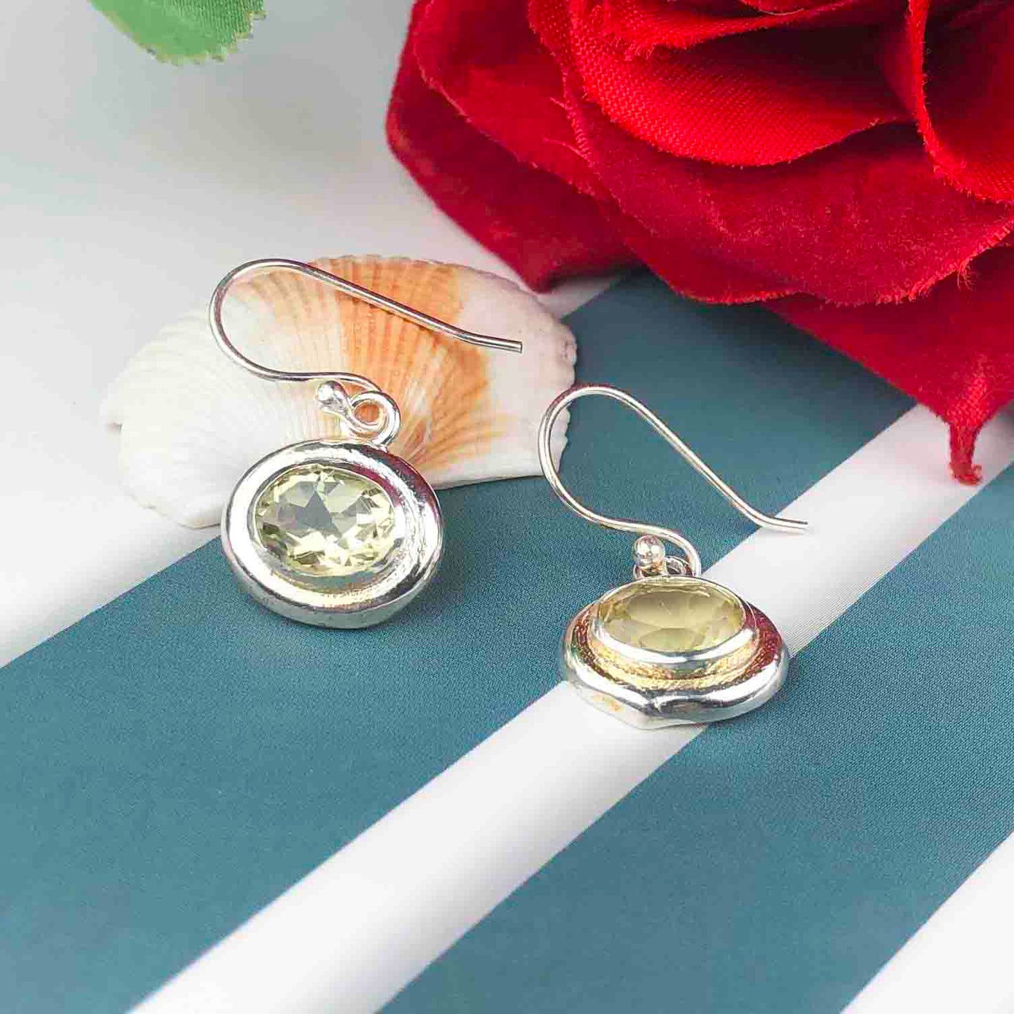 Modern Green Amethyst Earrings Made of Brass Silver Polished Danglers