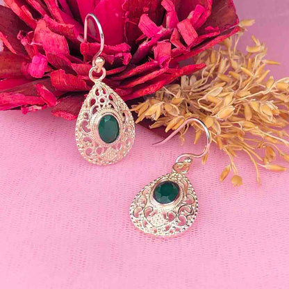 Precious Green Onyx Earrings Made of Brass Silver Polished Danglers