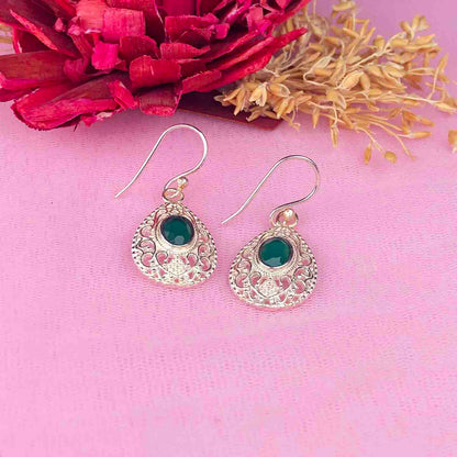 Precious Green Onyx Earrings Made of Brass Silver Polished Danglers
