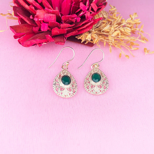 Precious Green Onyx Earrings Made of Brass Silver Polished Danglers
