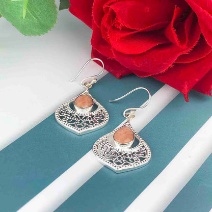 Expressive Brown Jasper Earrings Made of Brass Silver Polished Danglers