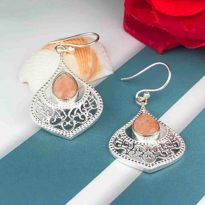 Expressive Brown Jasper Earrings Made of Brass Silver Polished Danglers