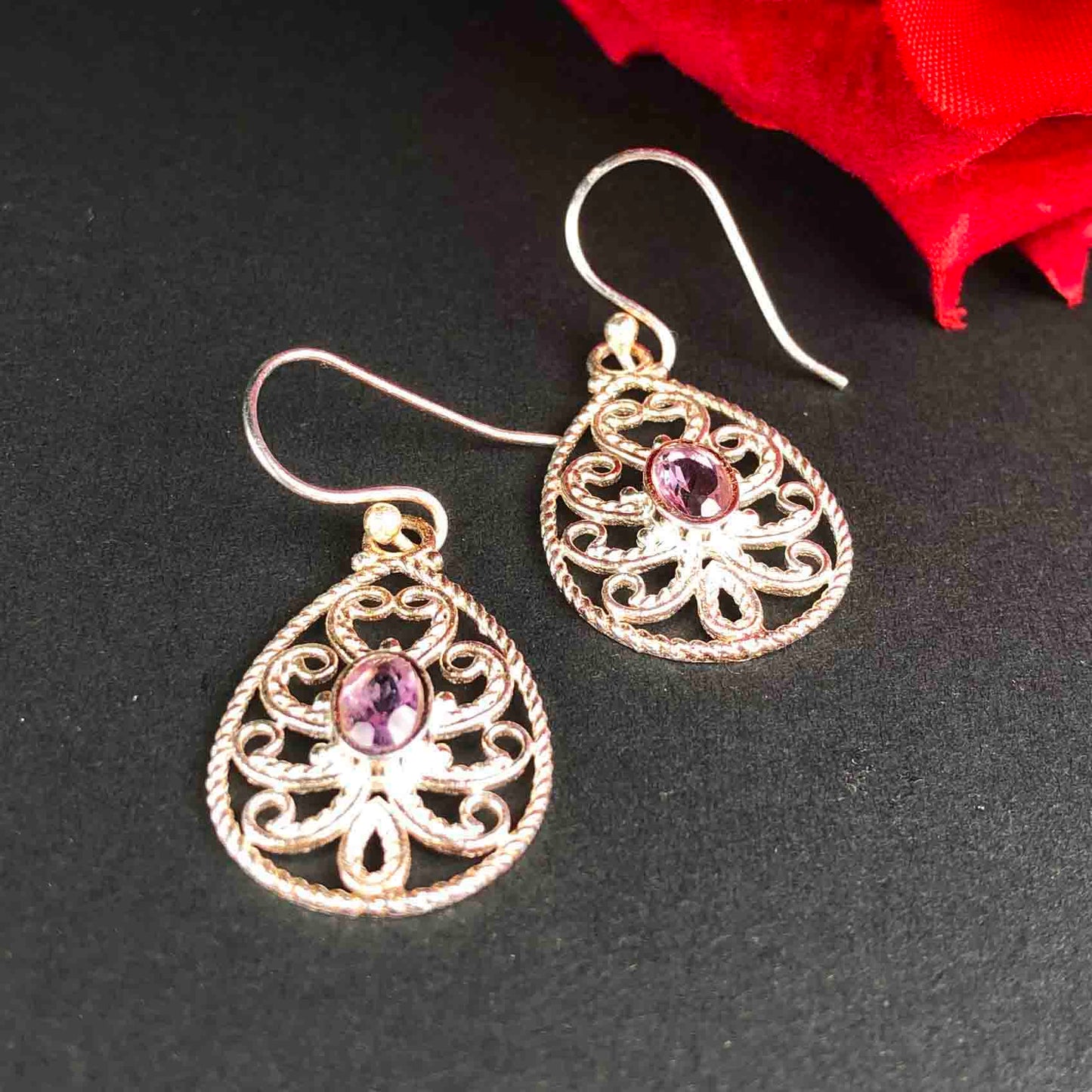 Modern Purple Amethyst Earrings Made of Brass Silver Polished Danglers