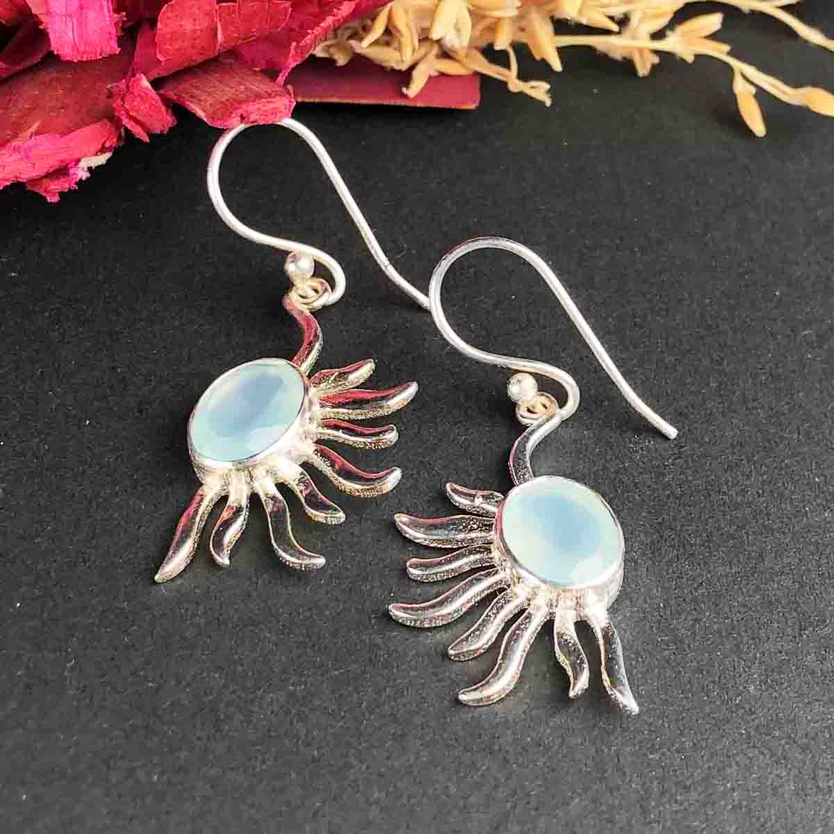 Modern Blue Opal Earrings Made of Brass Silver Polished Danglers