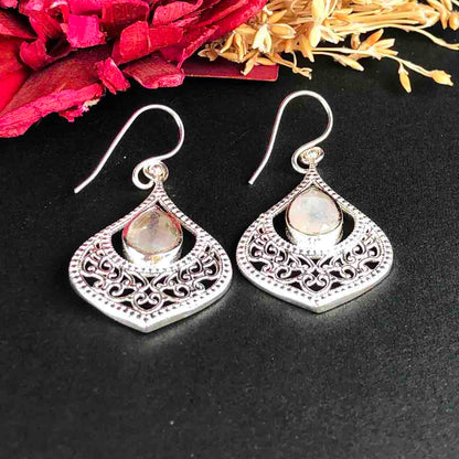 Sophisticated White Moonstone Earrings Made of Brass Silver Polished Danglers