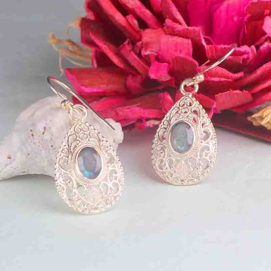 One of a kind Blue Labradorite Earrings Made of Brass Silver Polished Danglers