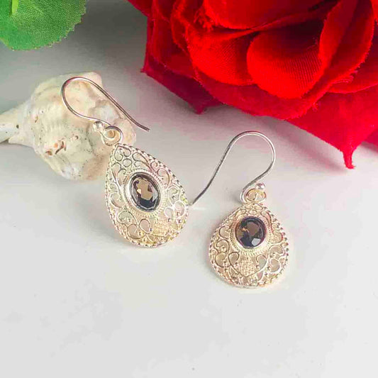 Amazing Brown Smoky Quartz Earrings Made of Brass Silver Polished Danglers