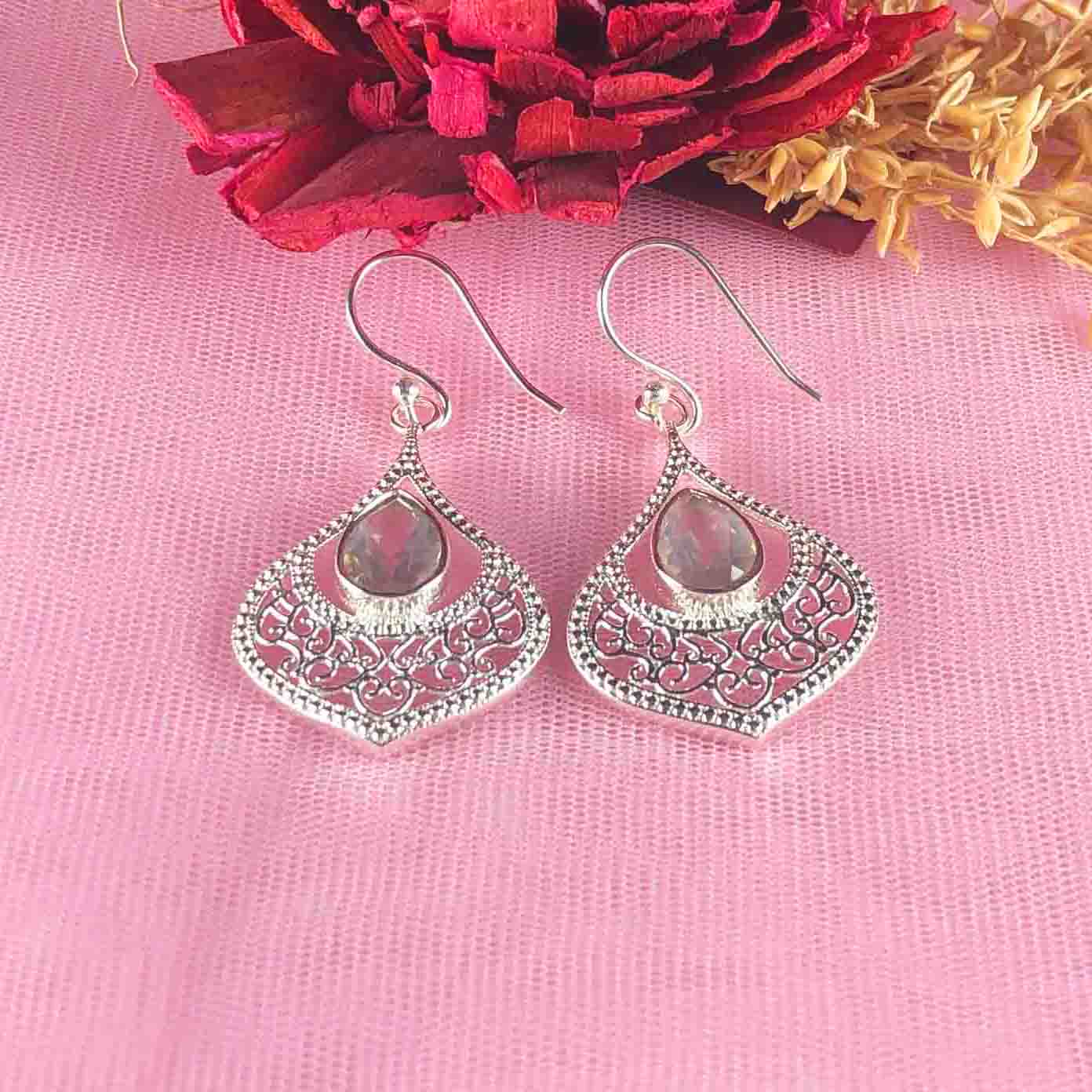 Fantastic Clear Quartz Earrings Made of Brass Silver Polished Danglers