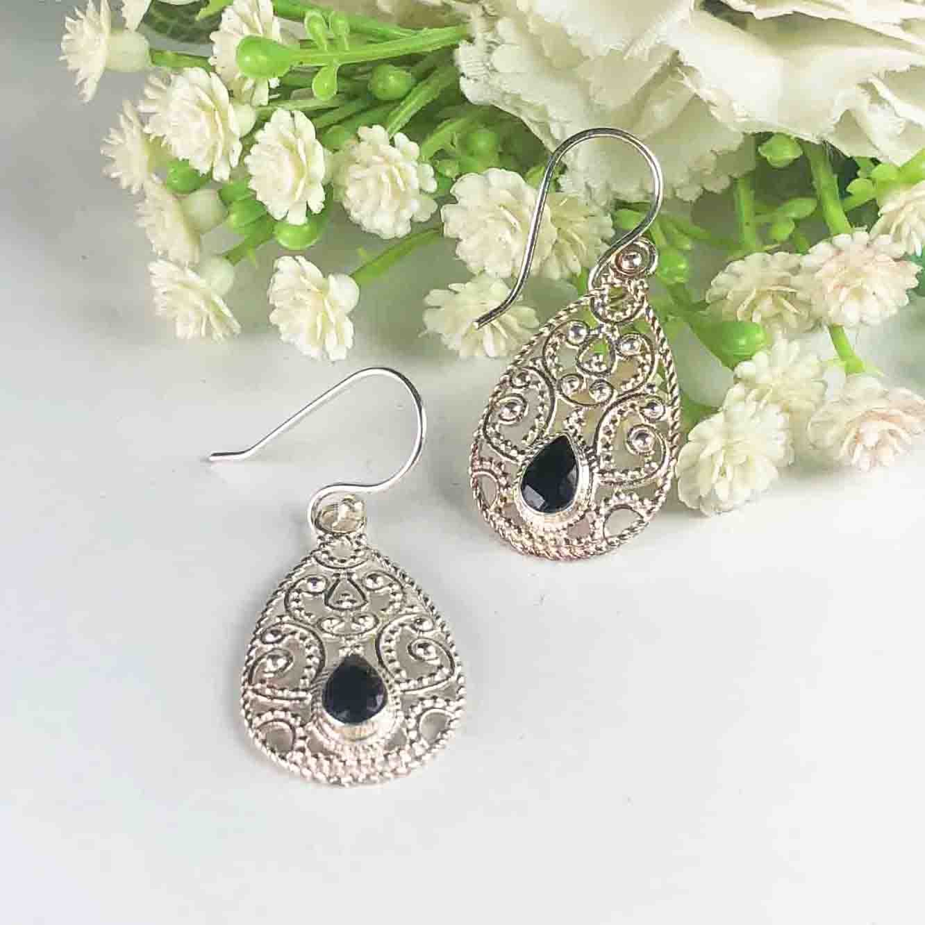 Elegant Black Spinel Earrings Made of Brass Silver Polished Danglers