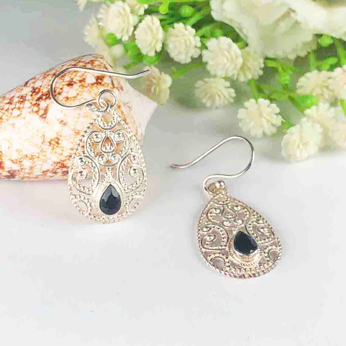 Elegant Black Spinel Earrings Made of Brass Silver Polished Danglers