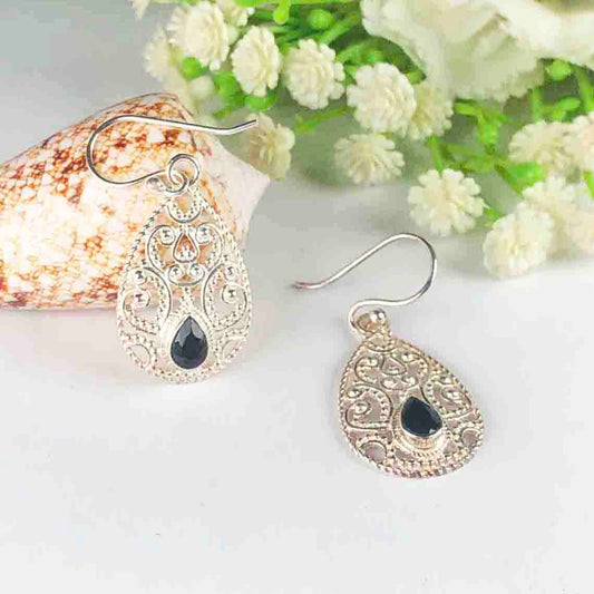 Elegant Black Spinel Earrings Made of Brass Silver Polished Danglers