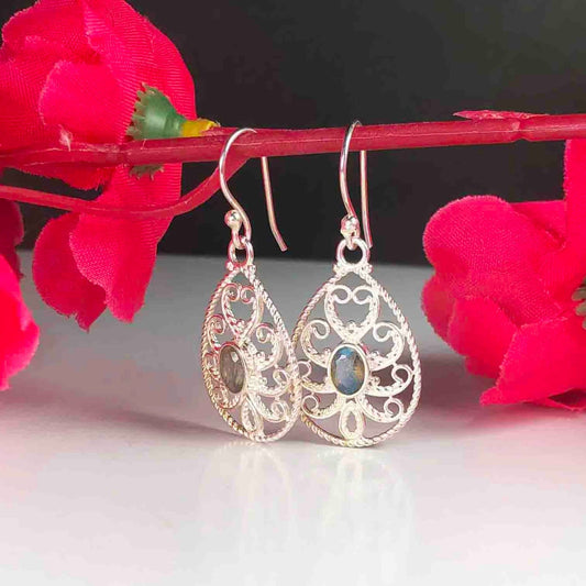 Fantastic Blue Labradorite Earrings Made of Brass Silver Polished Danglers