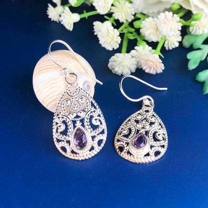 Fashionable Purple Amethyst Earrings Made of Brass Silver Polished Danglers
