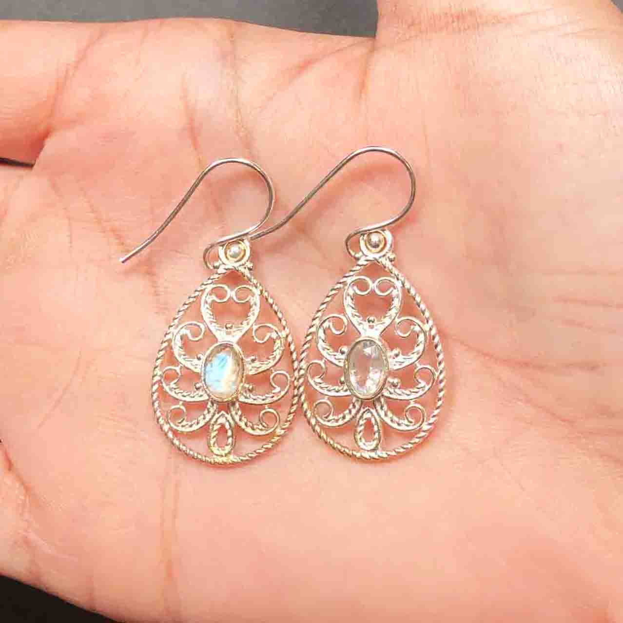 Expressive Blue Labradorite Earrings Made of Brass Silver Polished Danglers