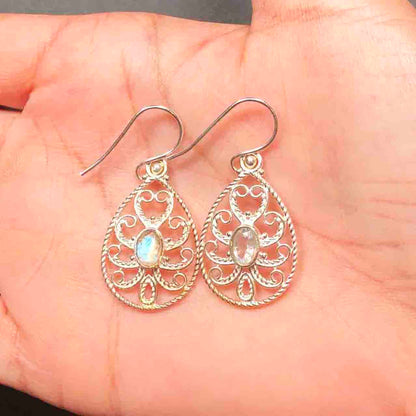 Expressive Blue Labradorite Earrings Made of Brass Silver Polished Danglers