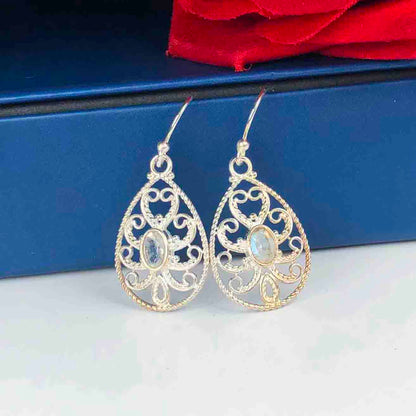 Expressive Blue Labradorite Earrings Made of Brass Silver Polished Danglers