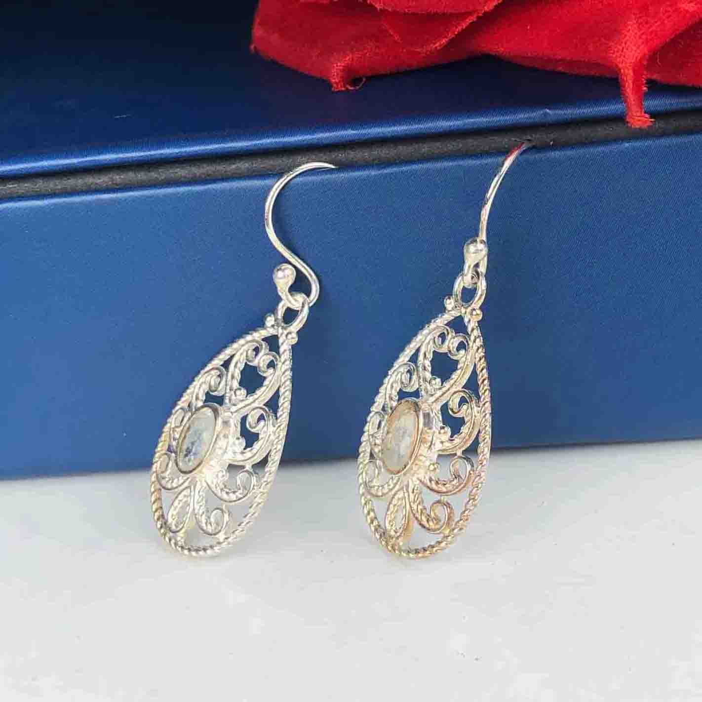 Expressive Blue Labradorite Earrings Made of Brass Silver Polished Danglers
