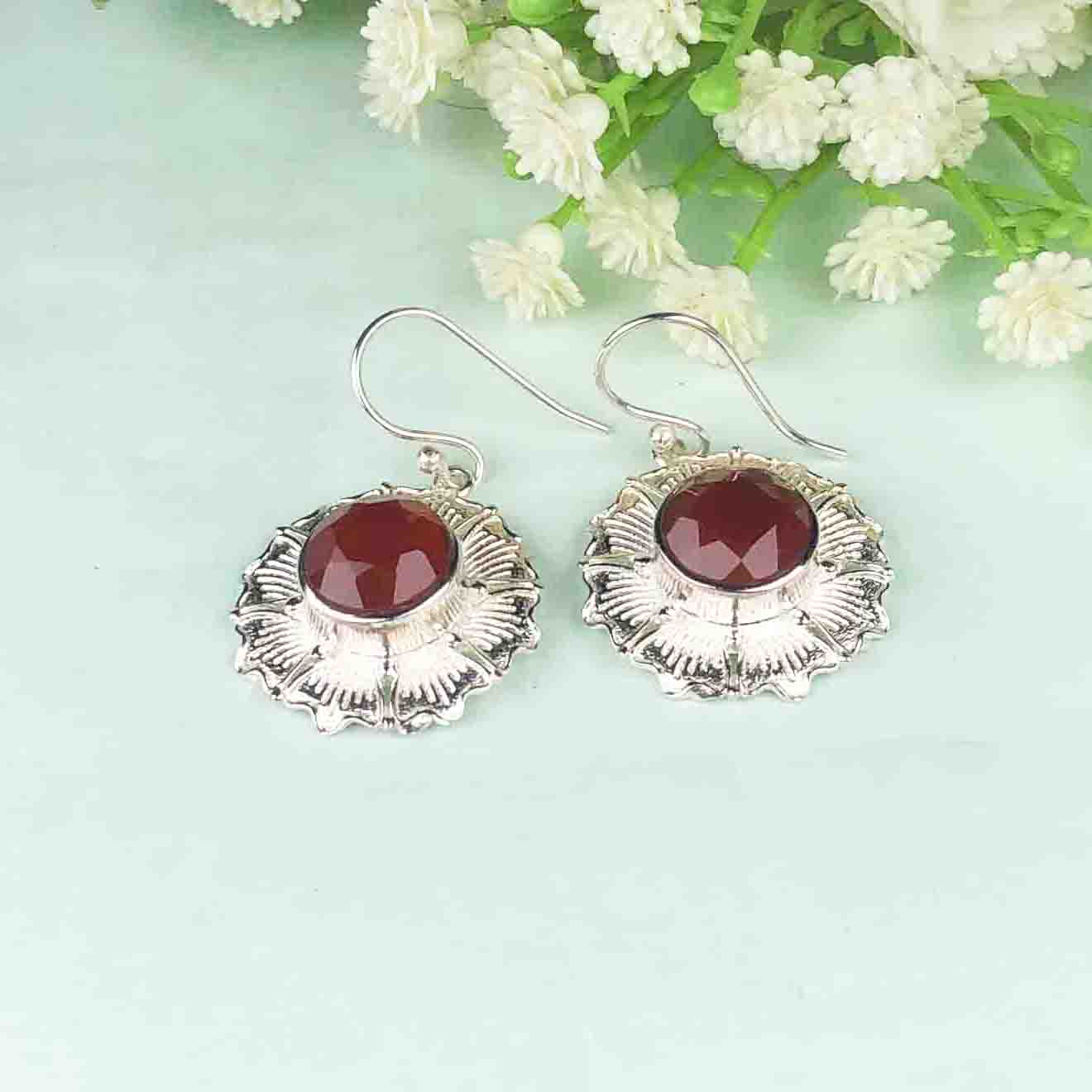 Modern Red Ruby Earrings Made of Brass Silver Polished Danglers