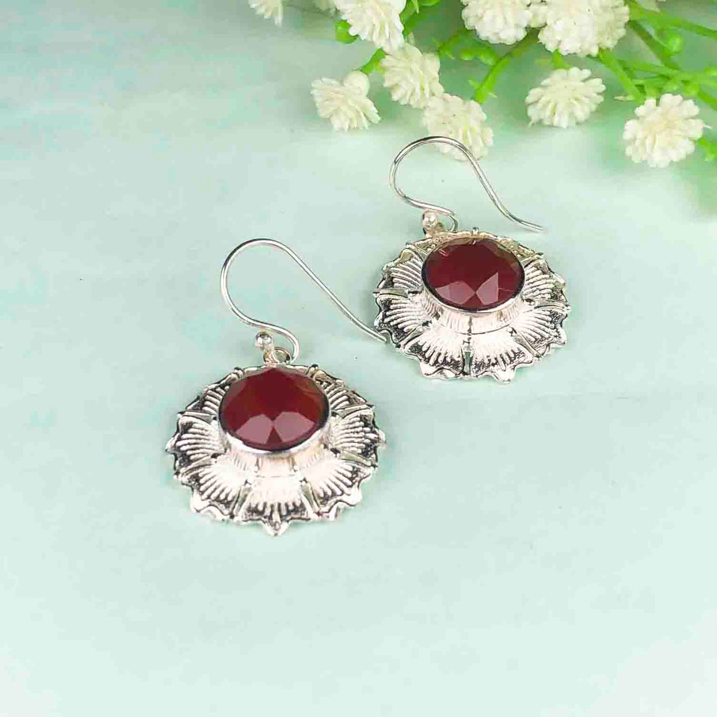 Modern Red Ruby Earrings Made of Brass Silver Polished Danglers