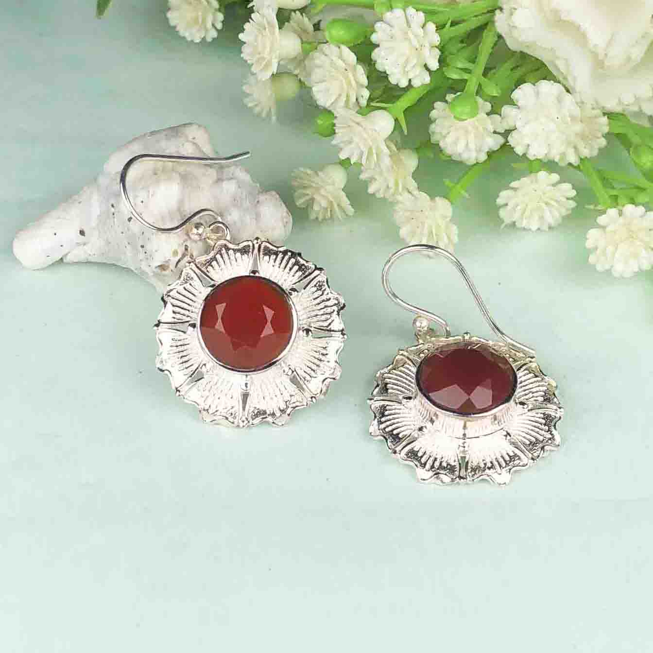 Modern Red Ruby Earrings Made of Brass Silver Polished Danglers