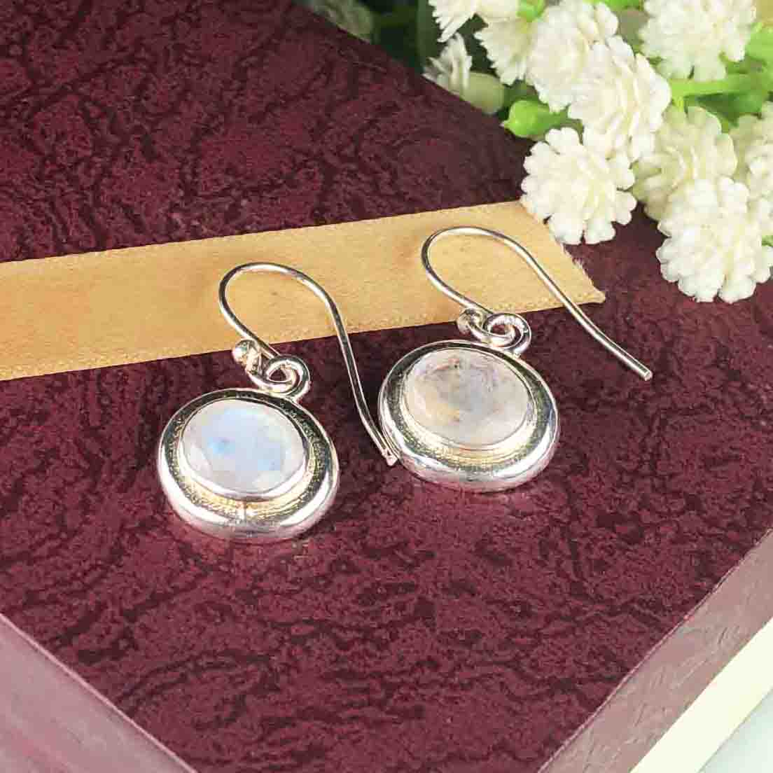 Fashionable White Moonstone Earrings Made of Brass Silver Polished Danglers