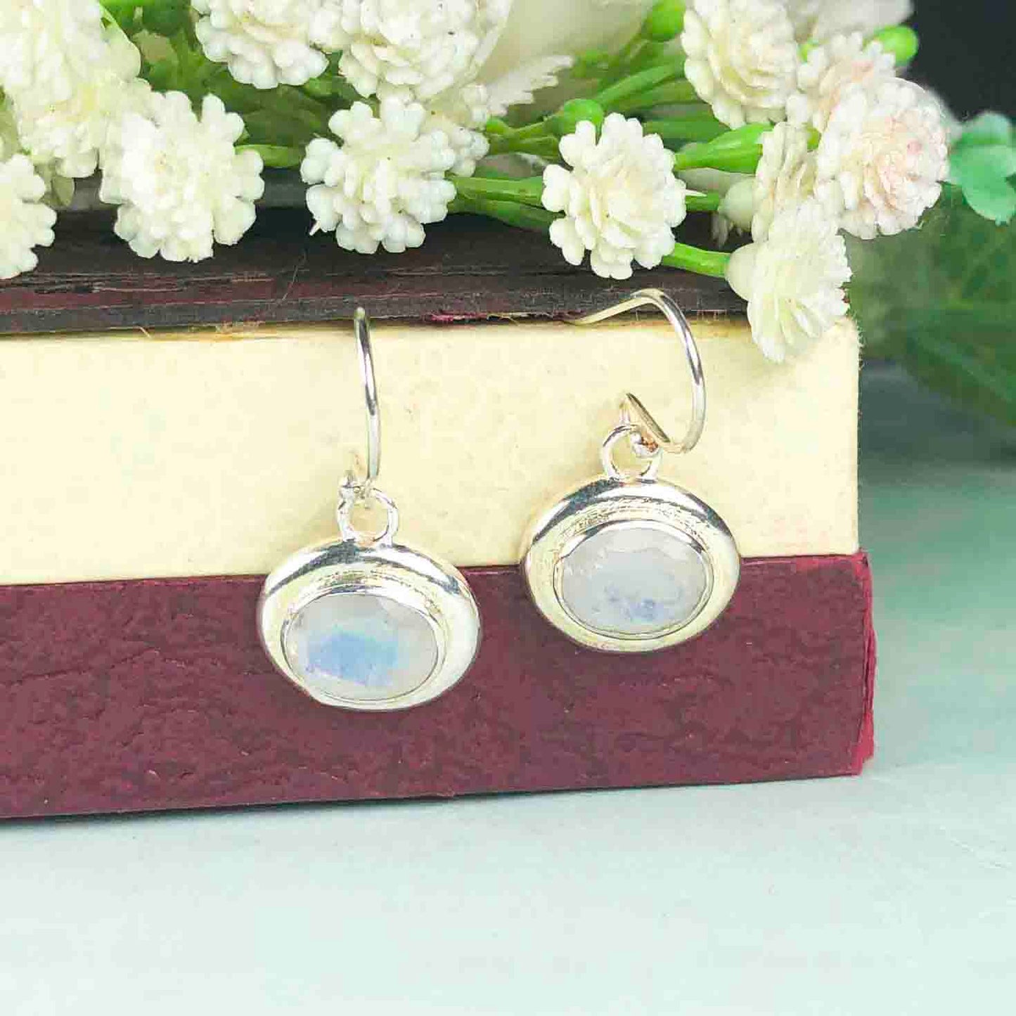 Fashionable White Moonstone Earrings Made of Brass Silver Polished Danglers