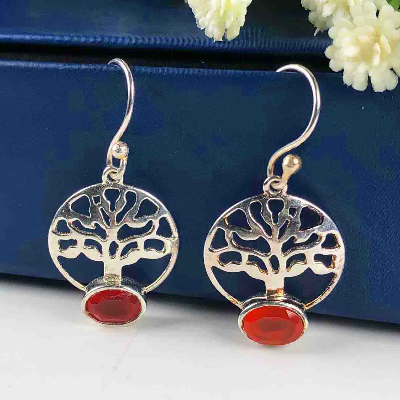 One of a kind Red Carnelian Earrings Made of Brass Silver Polished Danglers