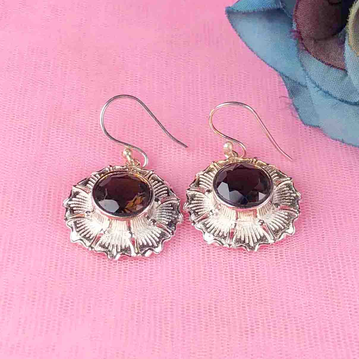 Fantastic Brown Smoky Quartz Earrings Made of Brass Silver Polished Danglers
