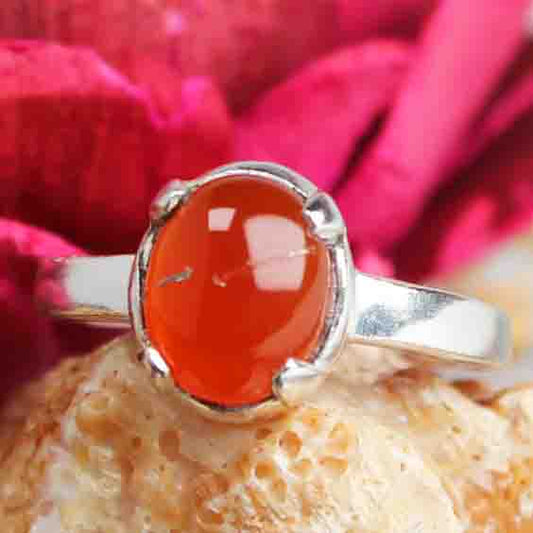 One of a kind Red Carnelian Ring Main Metal Brass, Silver Coated