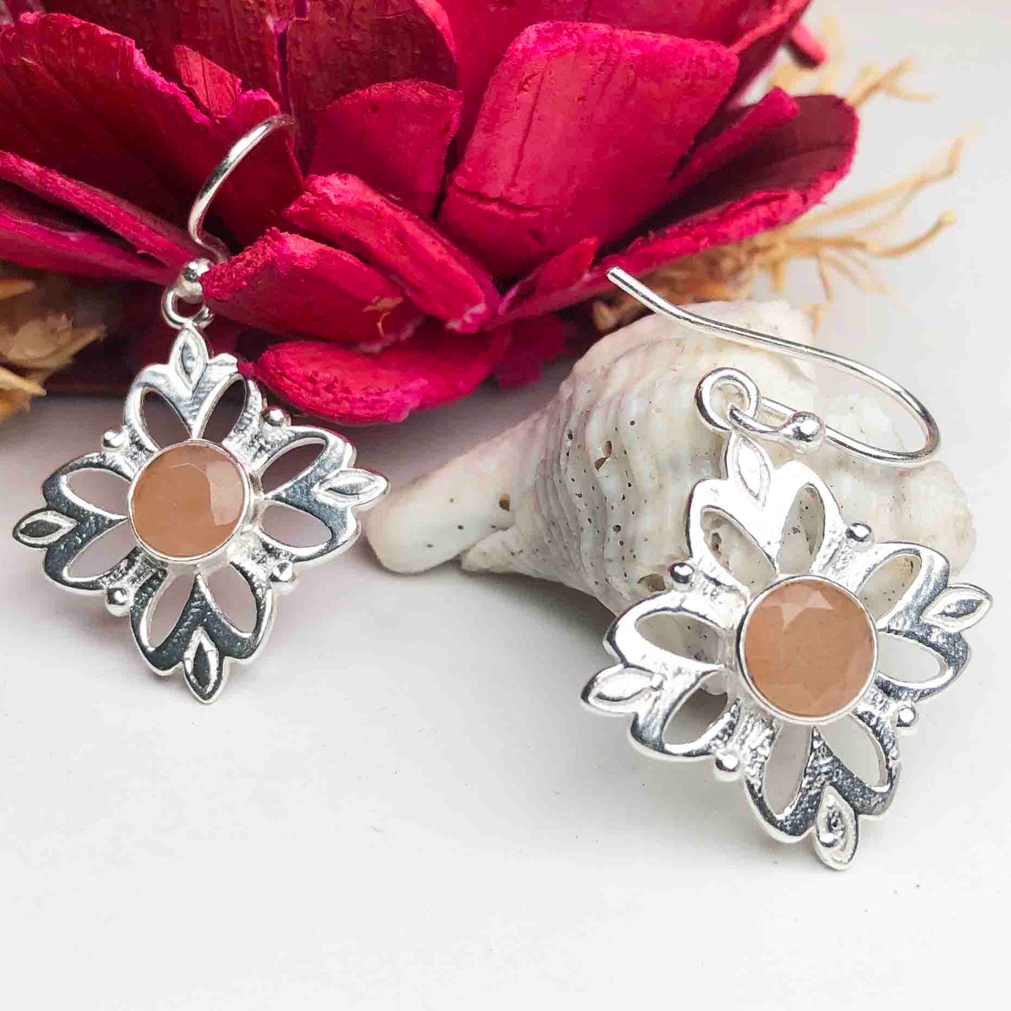 Fashionable Pink Chalcedony Earrings Made of Brass Silver Polished Danglers