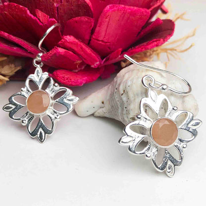 Fashionable Pink Chalcedony Earrings Made of Brass Silver Polished Danglers