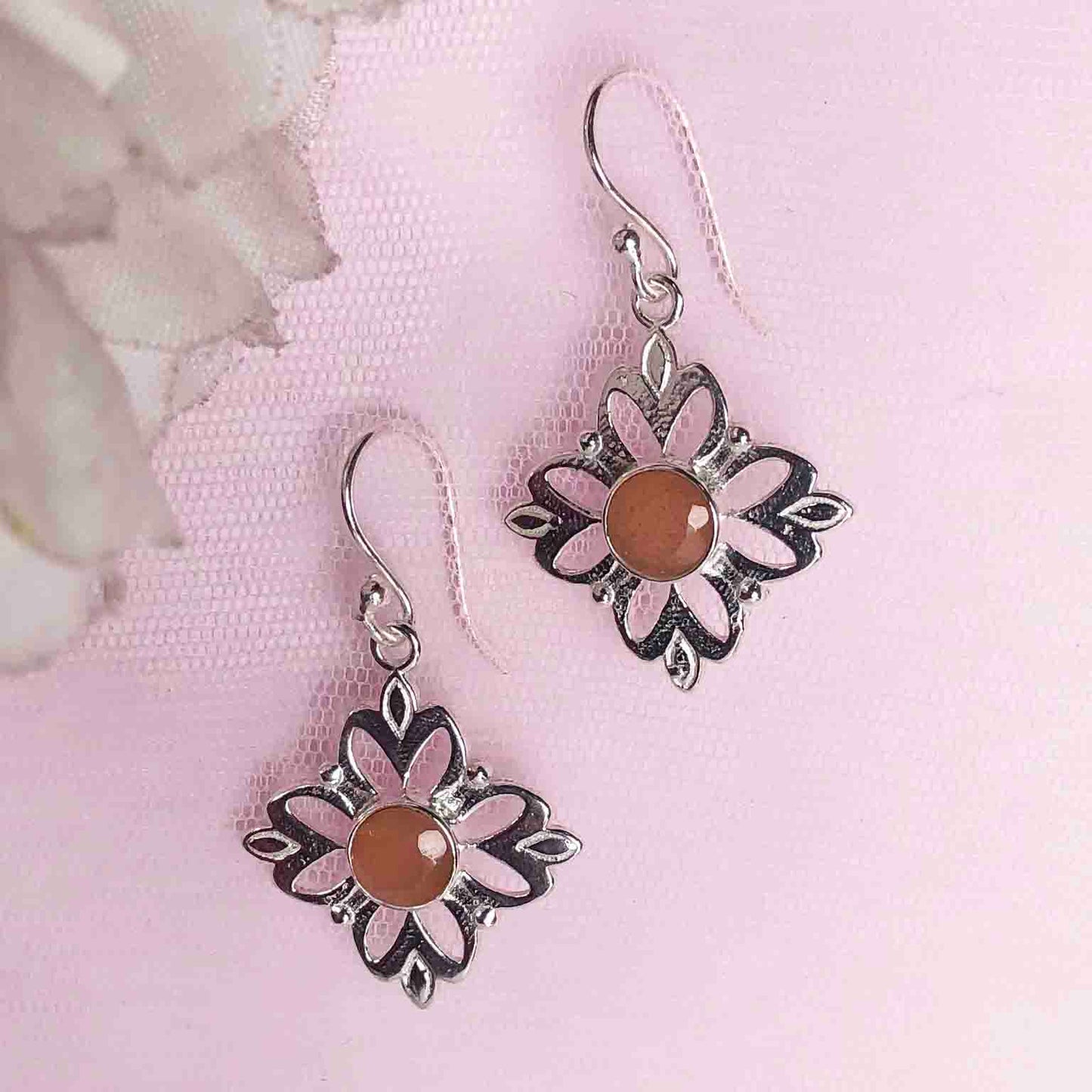 Fashionable Pink Chalcedony Earrings Made of Brass Silver Polished Danglers