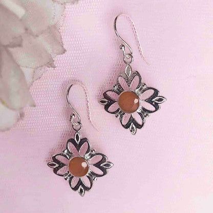 Fashionable Pink Chalcedony Earrings Made of Brass Silver Polished Danglers