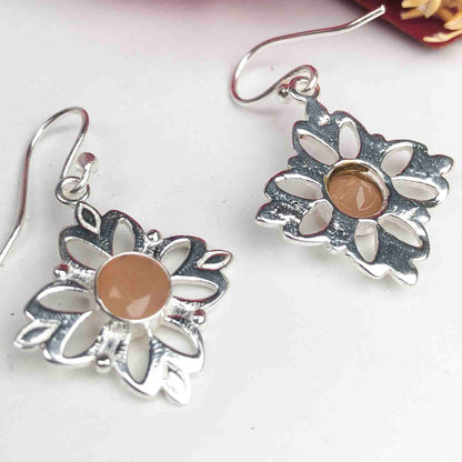 Fashionable Pink Chalcedony Earrings Made of Brass Silver Polished Danglers
