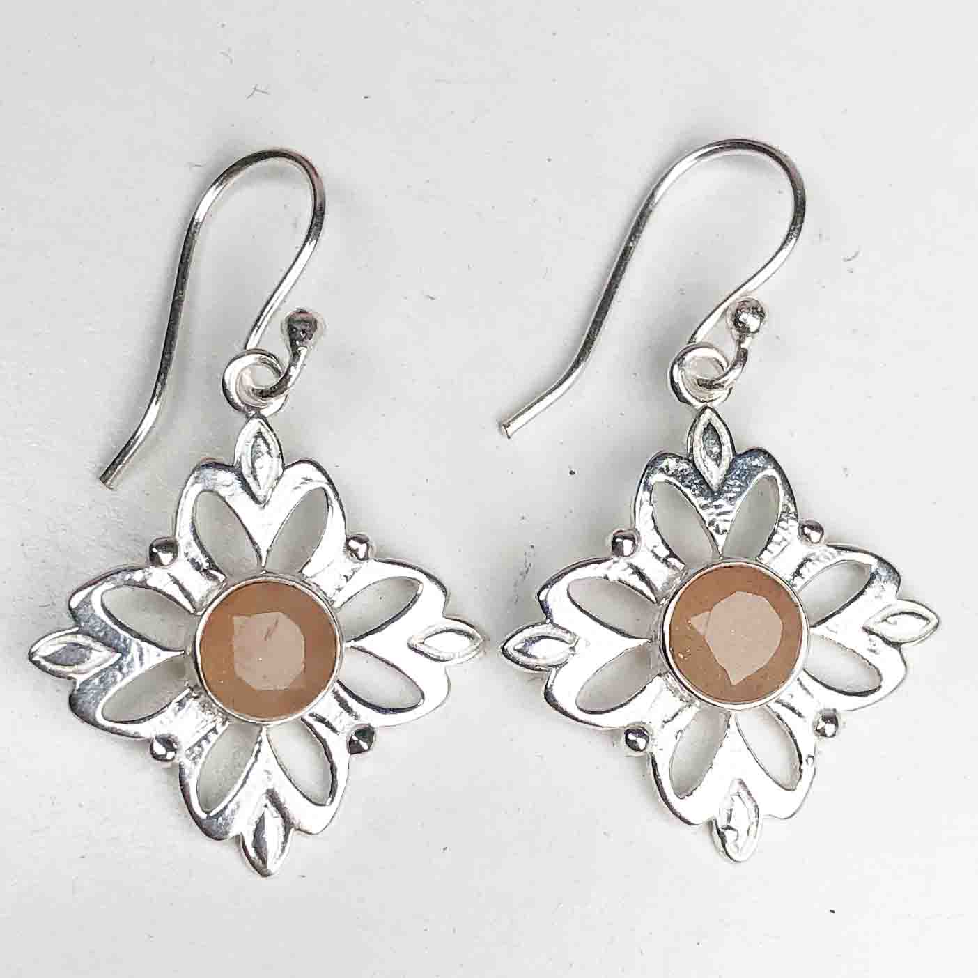 Fashionable Pink Chalcedony Earrings Made of Brass Silver Polished Danglers