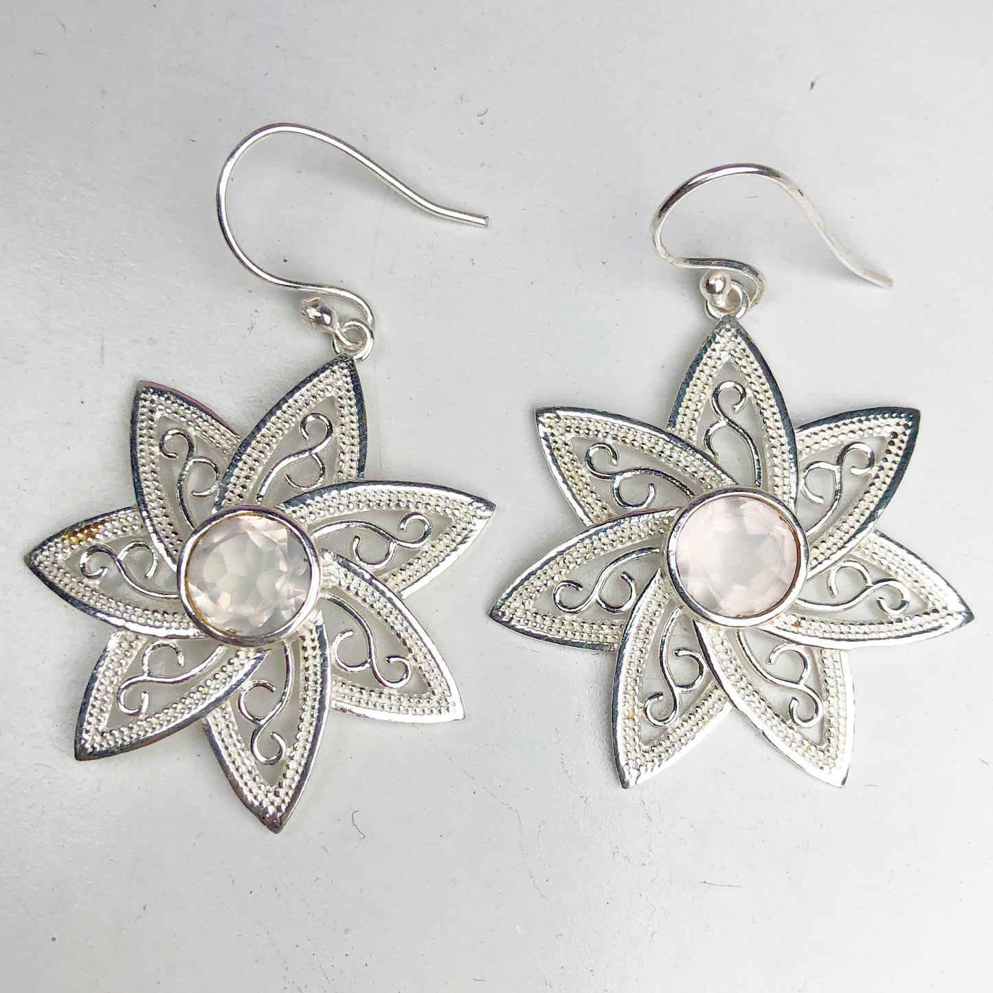 Fantastic Pink Rose Quartz Earrings Made of Brass Silver Polished Danglers