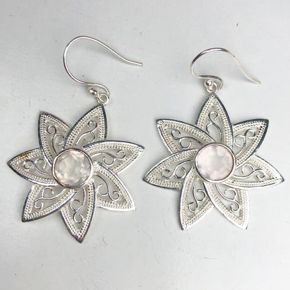 Fantastic Pink Rose Quartz Earrings Made of Brass Silver Polished Danglers