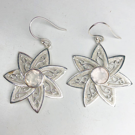 Fantastic Pink Rose Quartz Earrings Made of Brass Silver Polished Danglers