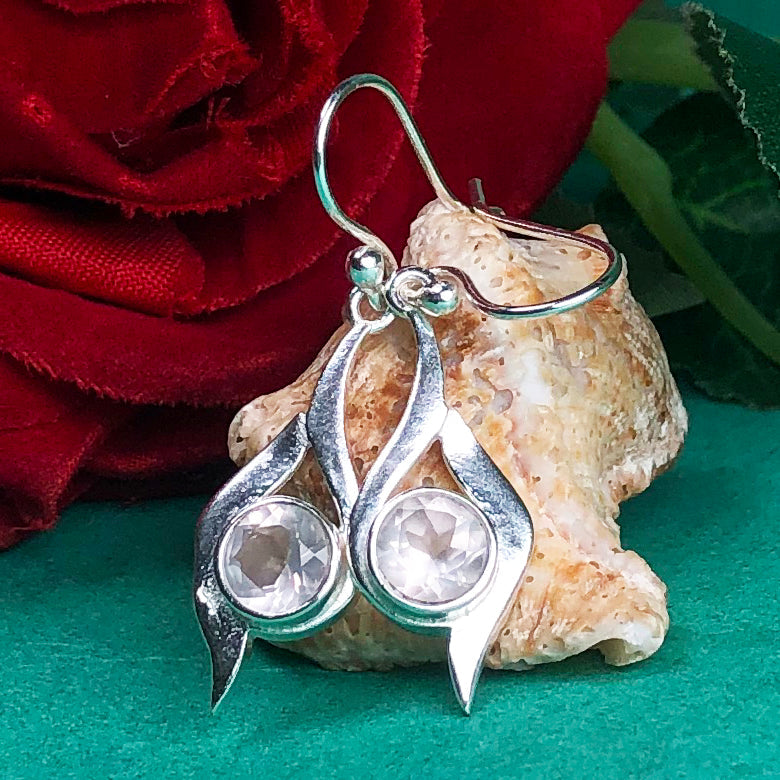 Fashionable Pink Rose Quartz Earrings Made of Brass Silver Polished Danglers