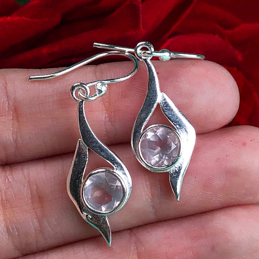 Fashionable Pink Rose Quartz Earrings Made of Brass Silver Polished Danglers